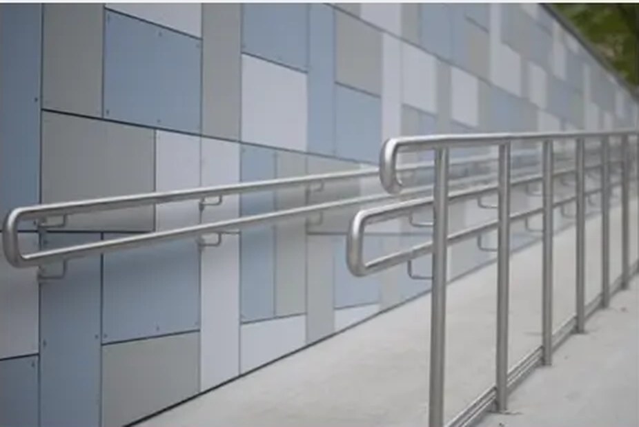 A long accessible ramp with metal handrails alongside a building