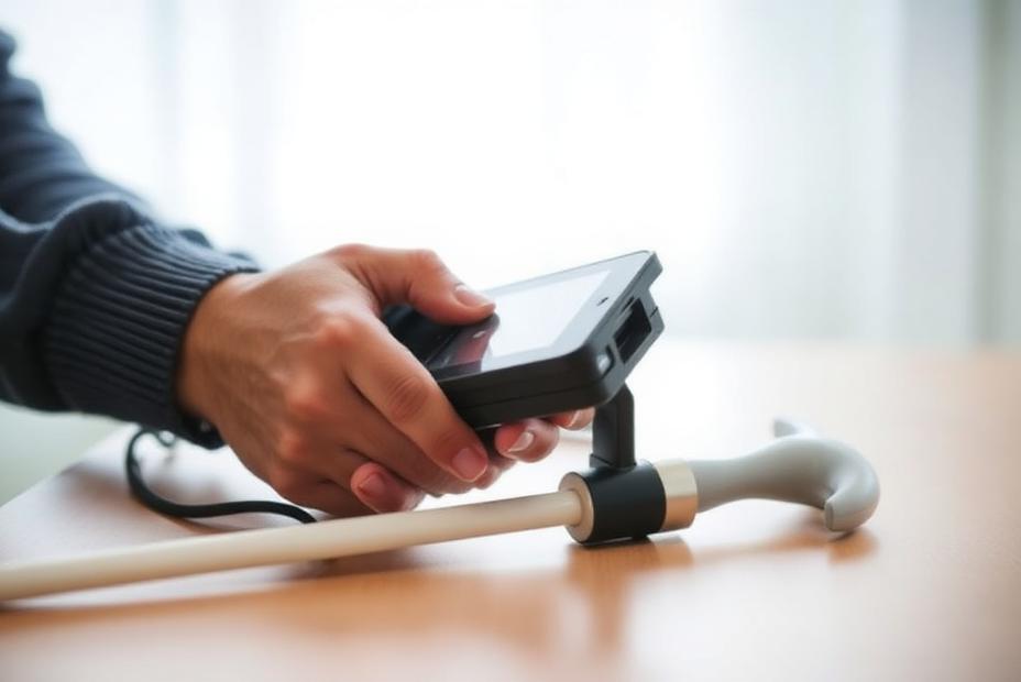 A person using a handheld electronic video magnifier next to a white cane