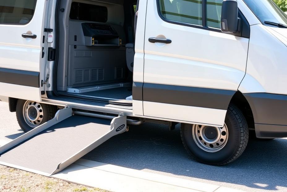 A wheelchair accessible van with its side ramp lowered to the kerb